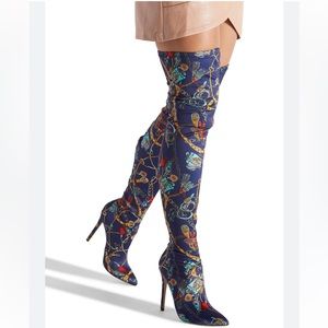 Women sexy heeled tall stretchy boots navy blue